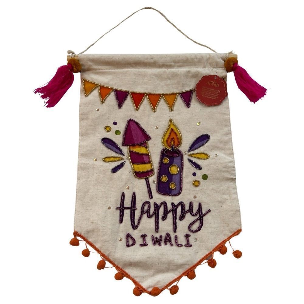 Happy Diwali Colorful Sequin Beaded Tassel Orange Pom Fringed Cotton Banner NWT